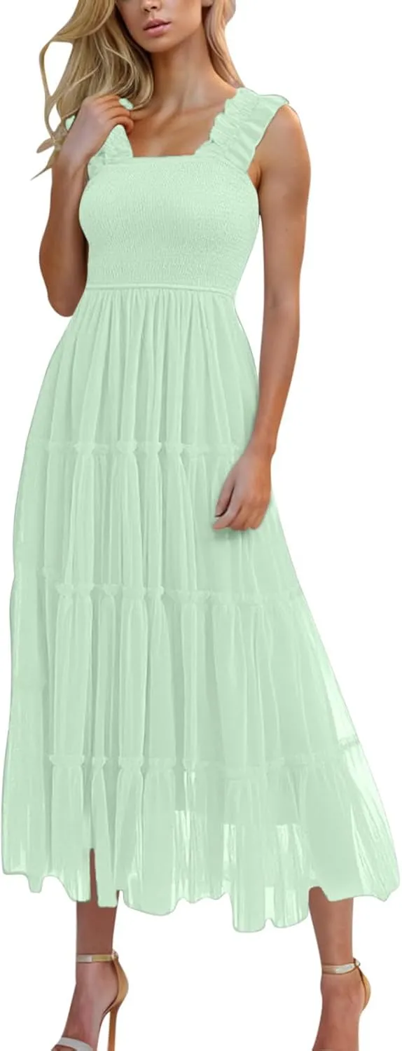 Wedding Guest Dresses for Women Off Shoulder Square Neck Ruffle Cami Midi Dress Summer Vacation Sundress Swing Hem