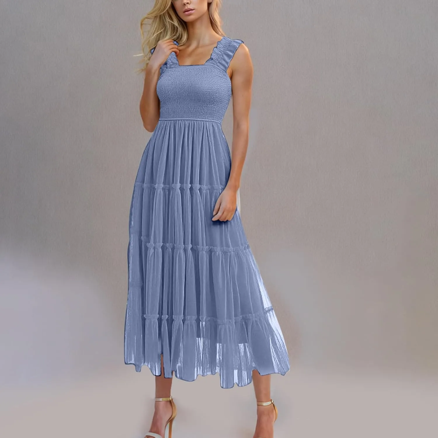 Wedding Guest Dresses for Women Off Shoulder Square Neck Ruffle Cami Midi Dress Summer Vacation Sundress Swing Hem