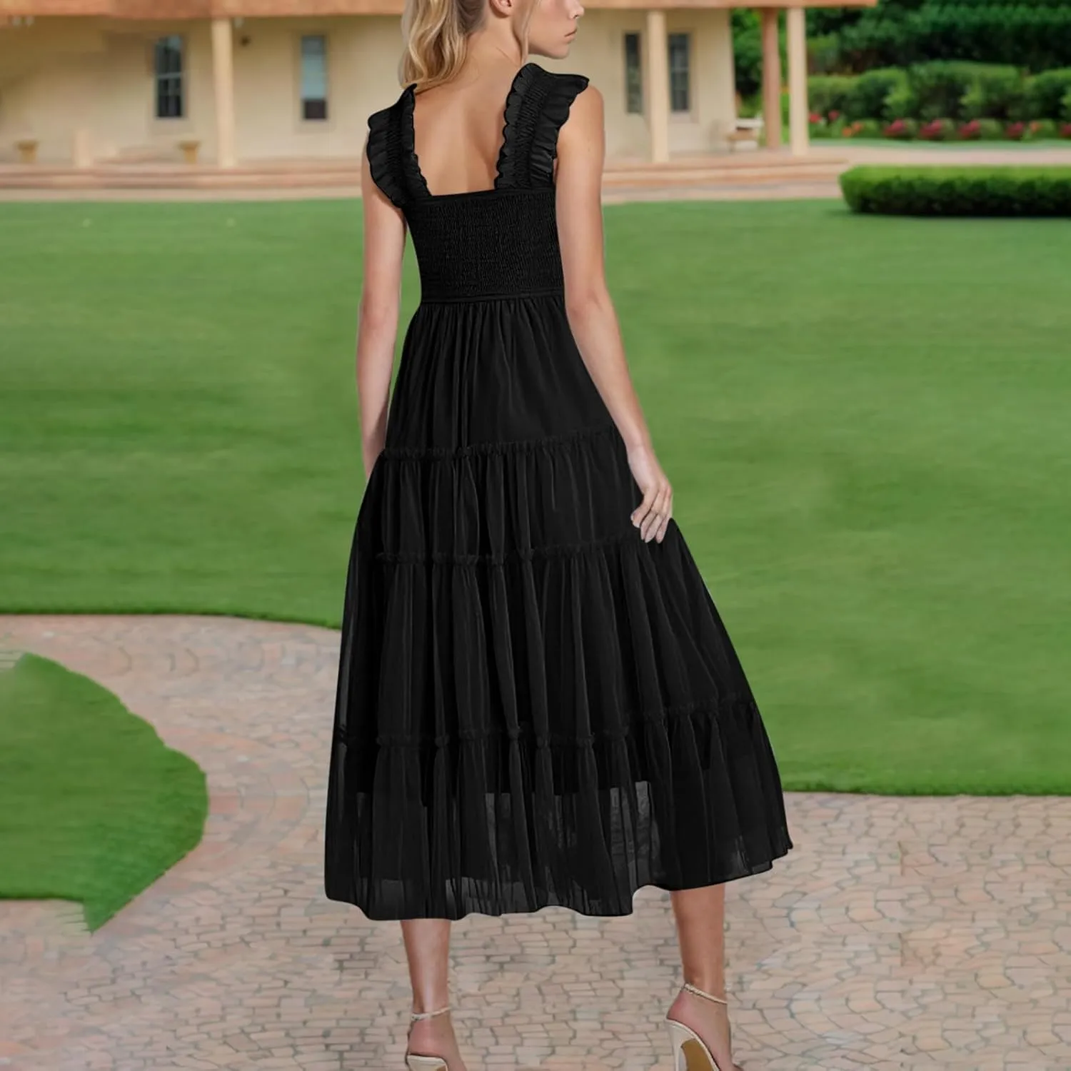 Wedding Guest Dresses for Women Off Shoulder Square Neck Ruffle Cami Midi Dress Summer Vacation Sundress Swing Hem