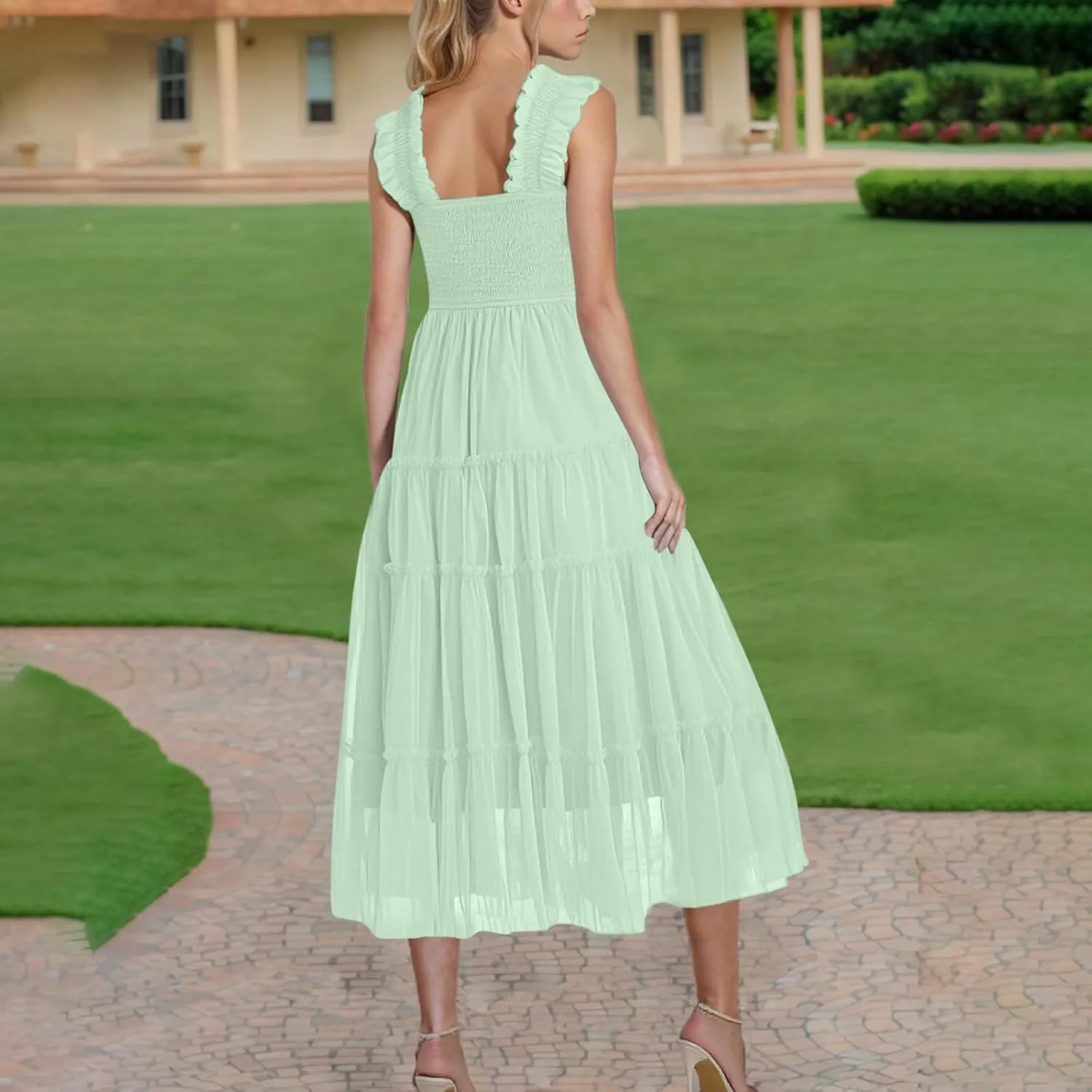 Wedding Guest Dresses for Women Off Shoulder Square Neck Ruffle Cami Midi Dress Summer Vacation Sundress Swing Hem