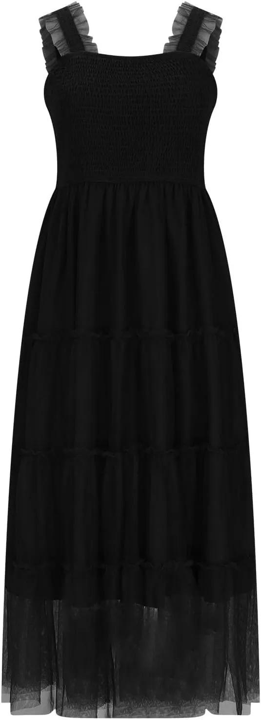 Wedding Guest Dresses for Women Off Shoulder Square Neck Ruffle Cami Midi Dress Summer Vacation Sundress Swing Hem