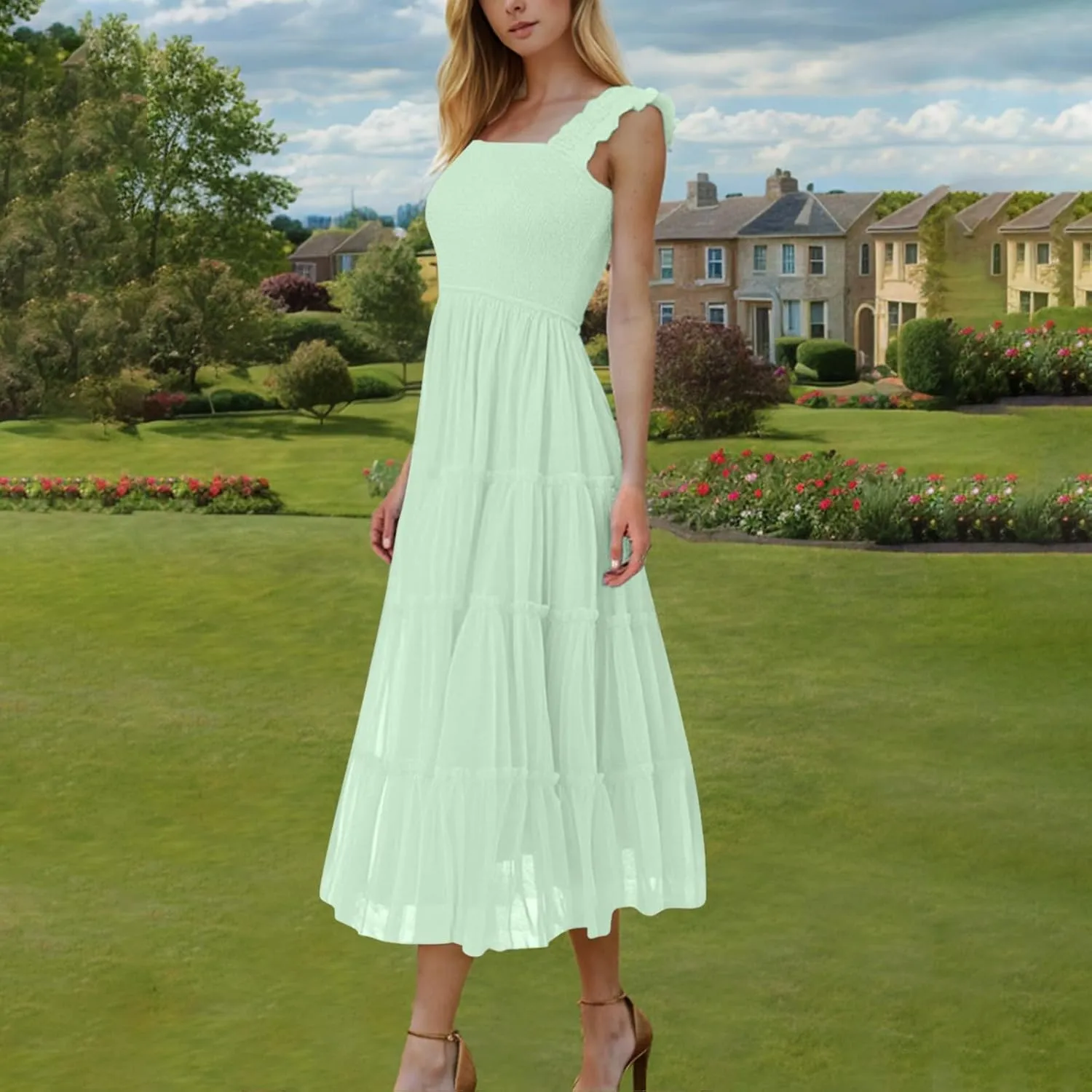 Wedding Guest Dresses for Women Off Shoulder Square Neck Ruffle Cami Midi Dress Summer Vacation Sundress Swing Hem