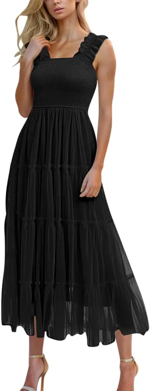 Wedding Guest Dresses for Women Off Shoulder Square Neck Ruffle Cami Midi Dress Summer Vacation Sundress Swing Hem