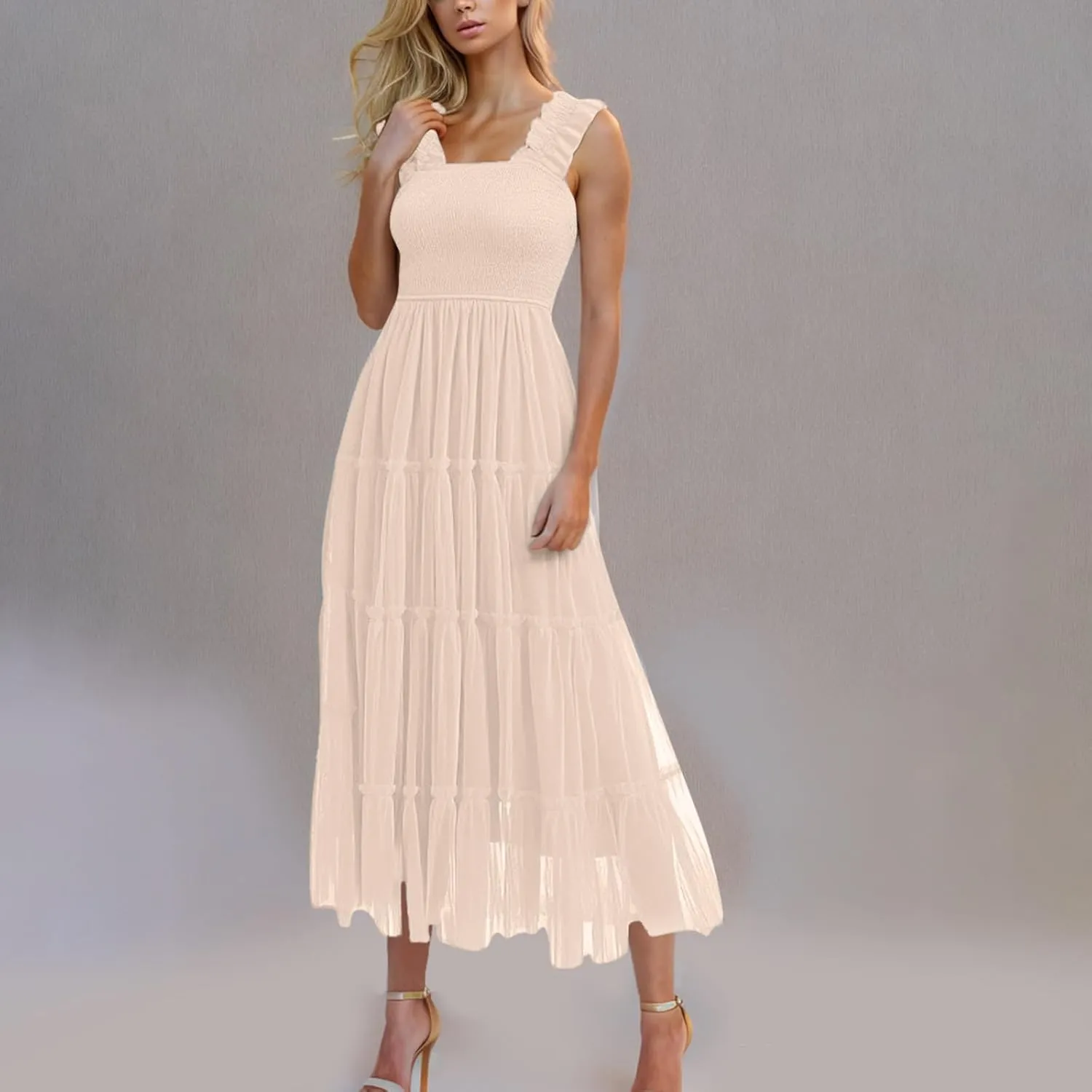Wedding Guest Dresses for Women Off Shoulder Square Neck Ruffle Cami Midi Dress Summer Vacation Sundress Swing Hem