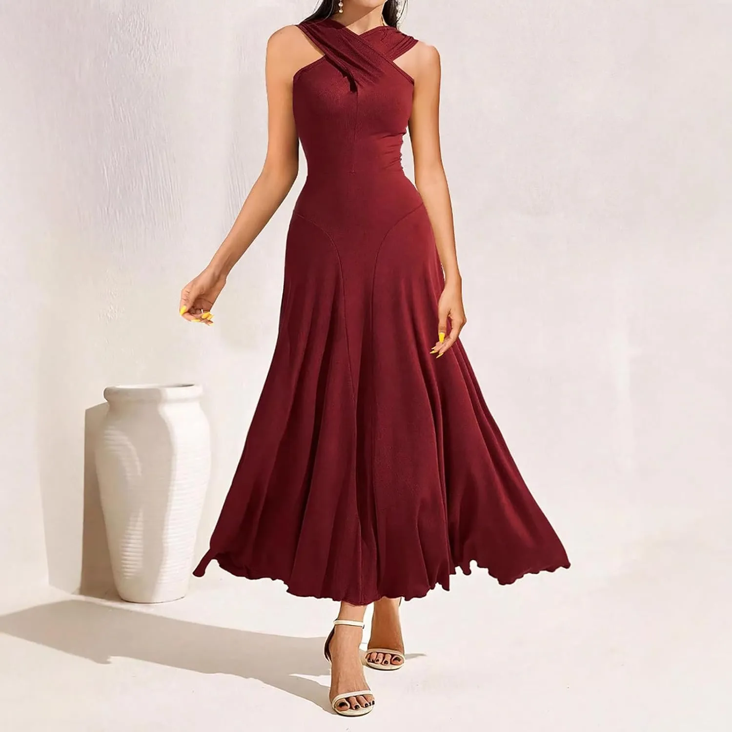 Wedding Guest Dresses for Women Sexy Cross Wrap Maxi Dress Ladies Evening Prom Dress Cocktail Long Gown Ruffle Hem