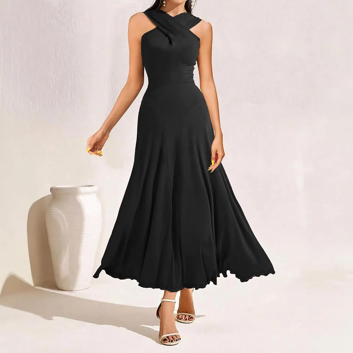 Wedding Guest Dresses for Women Sexy Cross Wrap Maxi Dress Ladies Evening Prom Dress Cocktail Long Gown Ruffle Hem