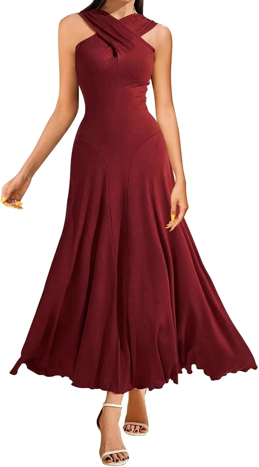 Wedding Guest Dresses for Women Sexy Cross Wrap Maxi Dress Ladies Evening Prom Dress Cocktail Long Gown Ruffle Hem