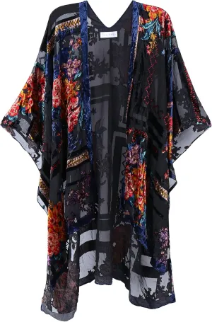 WeHello Women's Burnout Velvet Kimono Long Cardigan Cover Up with Tassel Black Flower Without Tassel