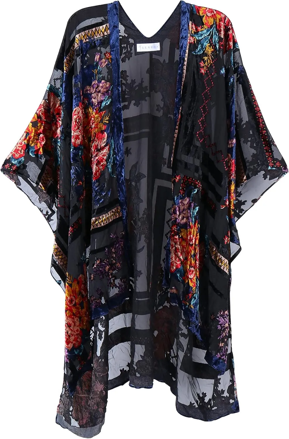 WeHello Women's Burnout Velvet Kimono Long Cardigan Cover Up with Tassel Black Flower Without Tassel