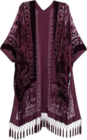 WeHello Women's Burnout Velvet Kimono Long Cardigan Cover Up with Tassel (Burgundy)