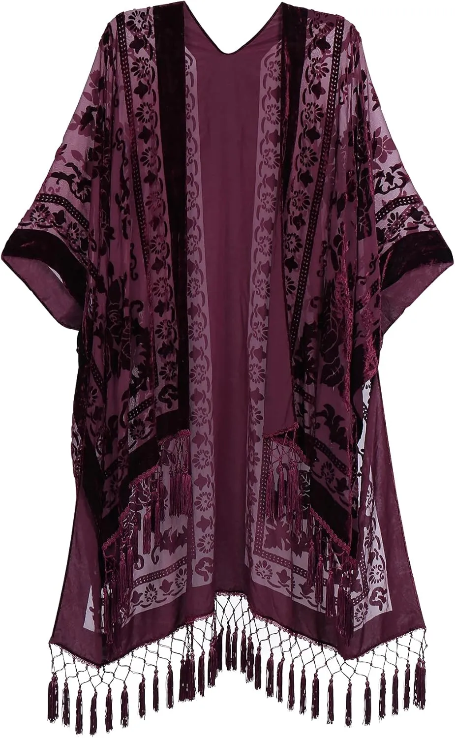 WeHello Women's Burnout Velvet Kimono Long Cardigan Cover Up with Tassel (Burgundy)