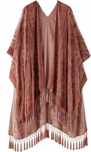 WeHello Women's Burnout Velvet Kimono Long Cardigan Cover Up Without Tassel (Autumn Leaf)