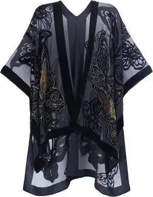 WeHello Women's Burnout Velvet Kimono Long Cardigan Cover Up Without Tassel (Black Butterfly)