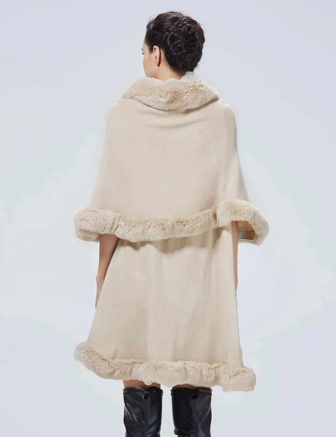 Winter Poncho Shawl Wrap Women Cape Faux Fur Trim Coat Sleeveless Cardigan Dressy Cloak