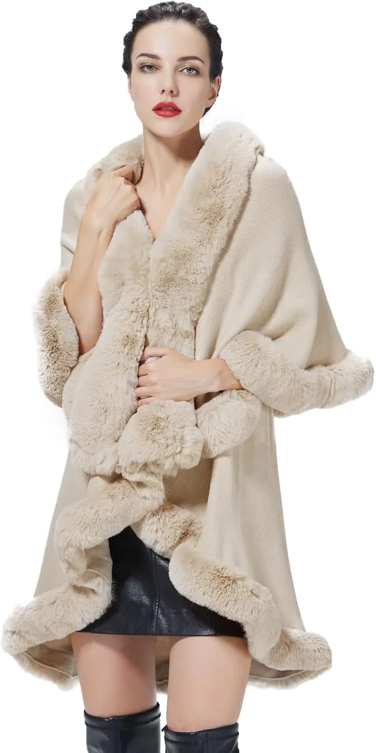 Winter Poncho Shawl Wrap Women Cape Faux Fur Trim Coat Sleeveless Cardigan Dressy Cloak