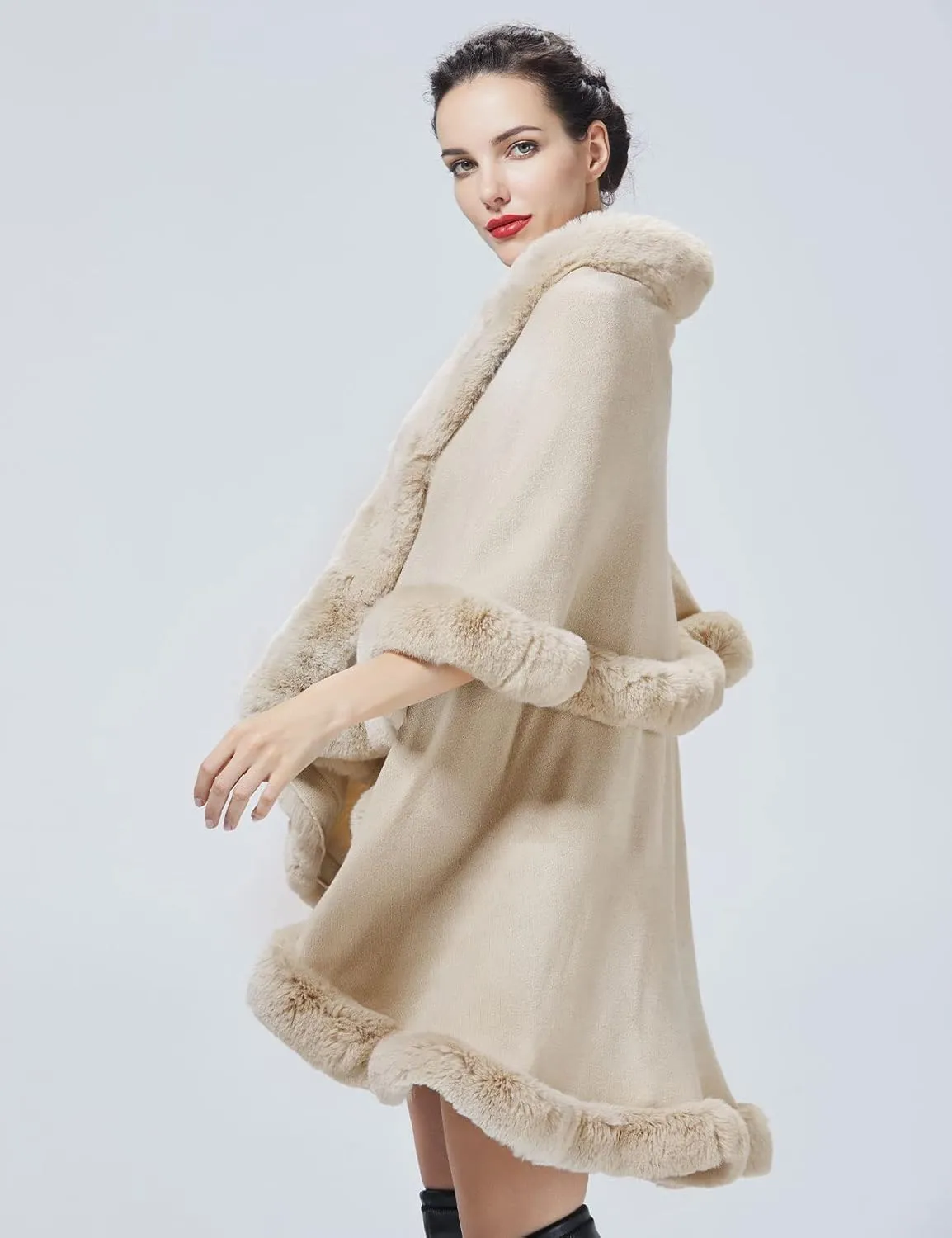 Winter Poncho Shawl Wrap Women Cape Faux Fur Trim Coat Sleeveless Cardigan Dressy Cloak