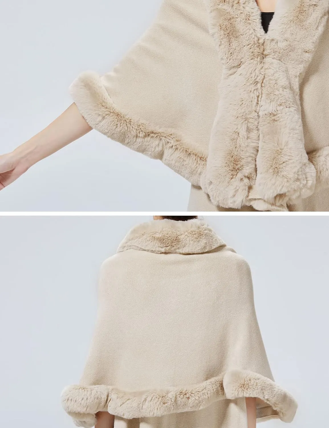 Winter Poncho Shawl Wrap Women Cape Faux Fur Trim Coat Sleeveless Cardigan Dressy Cloak