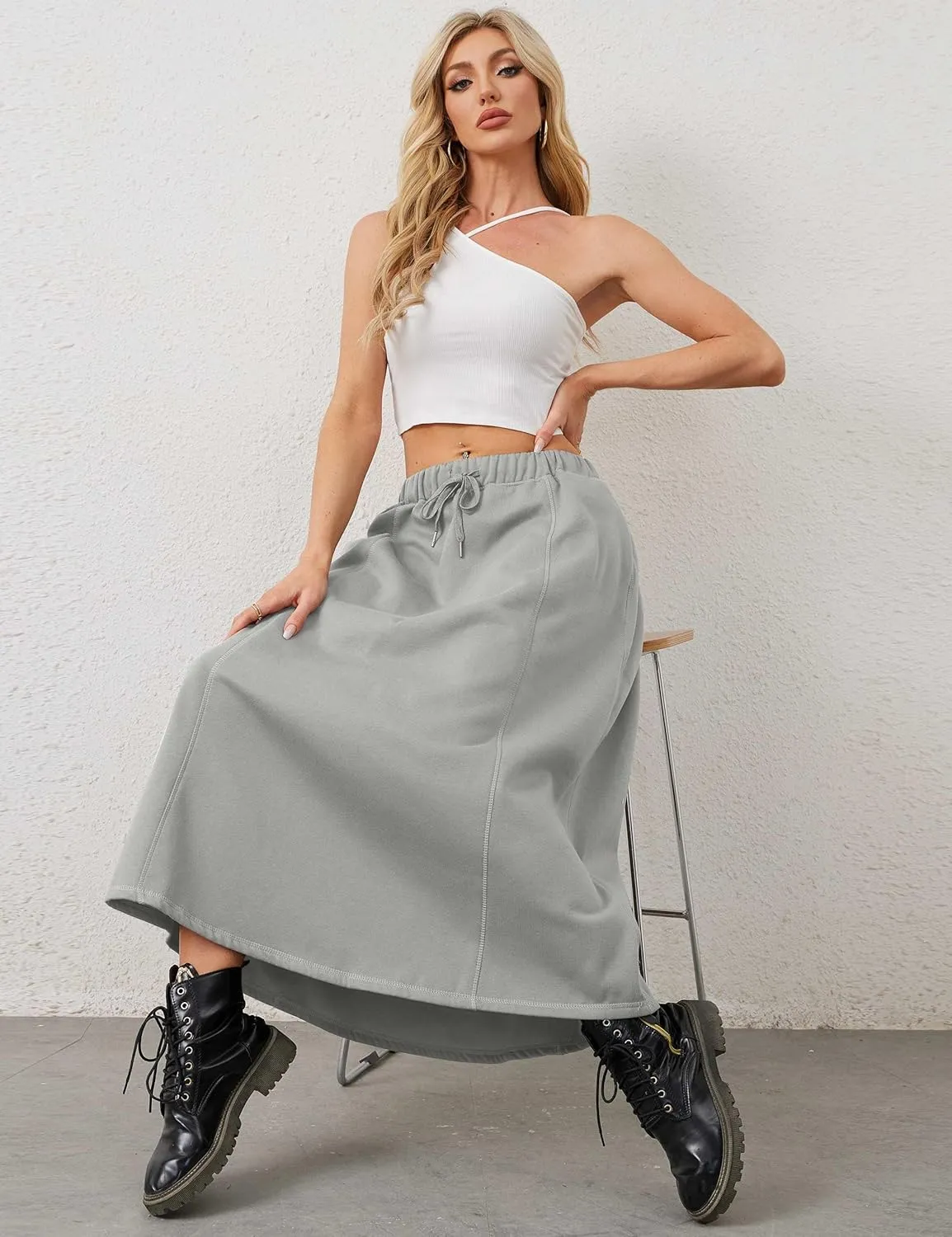 Women a Line Cotton Long Skirts Drawstring Waistband Maxi Skirts with Pockets Y2k Casual Floor Length Sweat Skirts