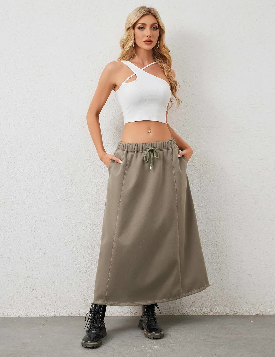Women a Line Cotton Long Skirts Drawstring Waistband Maxi Skirts with Pockets Y2k Casual Floor Length Sweat Skirts