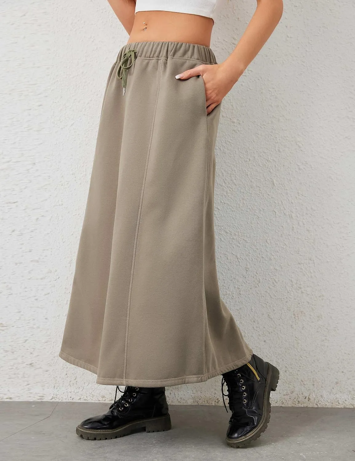 Women a Line Cotton Long Skirts Drawstring Waistband Maxi Skirts with Pockets Y2k Casual Floor Length Sweat Skirts