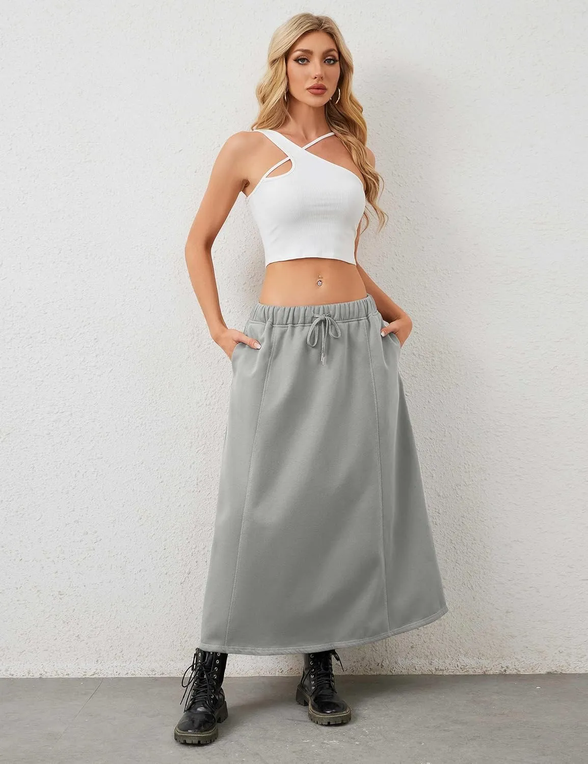 Women a Line Cotton Long Skirts Drawstring Waistband Maxi Skirts with Pockets Y2k Casual Floor Length Sweat Skirts