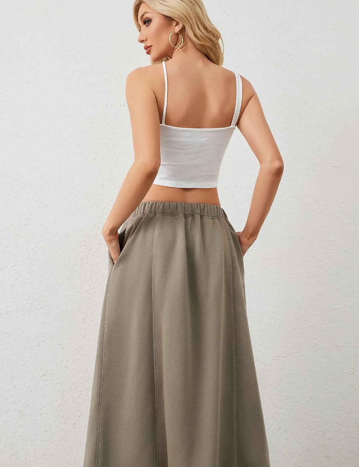 Women a Line Cotton Long Skirts Drawstring Waistband Maxi Skirts with Pockets Y2k Casual Floor Length Sweat Skirts