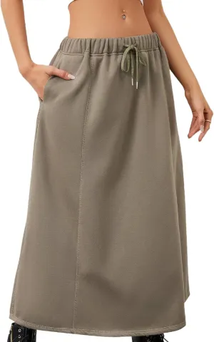 Women a Line Cotton Long Skirts Drawstring Waistband Maxi Skirts with Pockets Y2k Casual Floor Length Sweat Skirts
