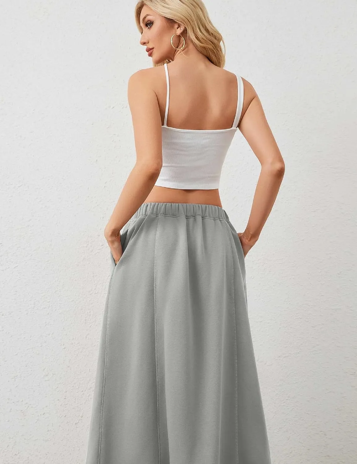 Women a Line Cotton Long Skirts Drawstring Waistband Maxi Skirts with Pockets Y2k Casual Floor Length Sweat Skirts