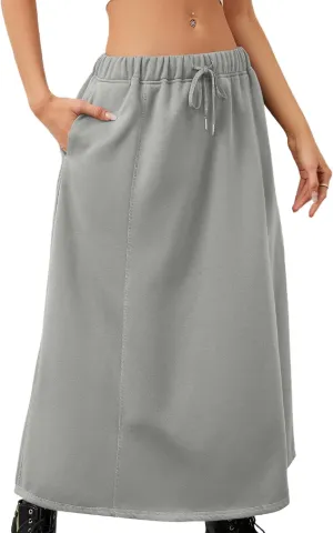 Women a Line Cotton Long Skirts Drawstring Waistband Maxi Skirts with Pockets Y2k Casual Floor Length Sweat Skirts