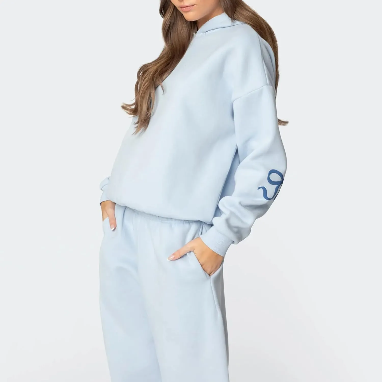 Women Bow Hoodie Sweatsuit 2 Piece Oversized Sweatshirt Sets with Bow Print Baggy Leg Sweatpants Preppy Outfits