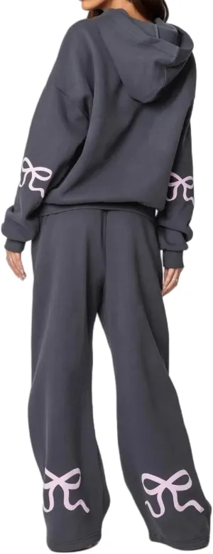 Women Bow Hoodie Sweatsuit 2 Piece Oversized Sweatshirt Sets with Bow Print Baggy Leg Sweatpants Preppy Outfits