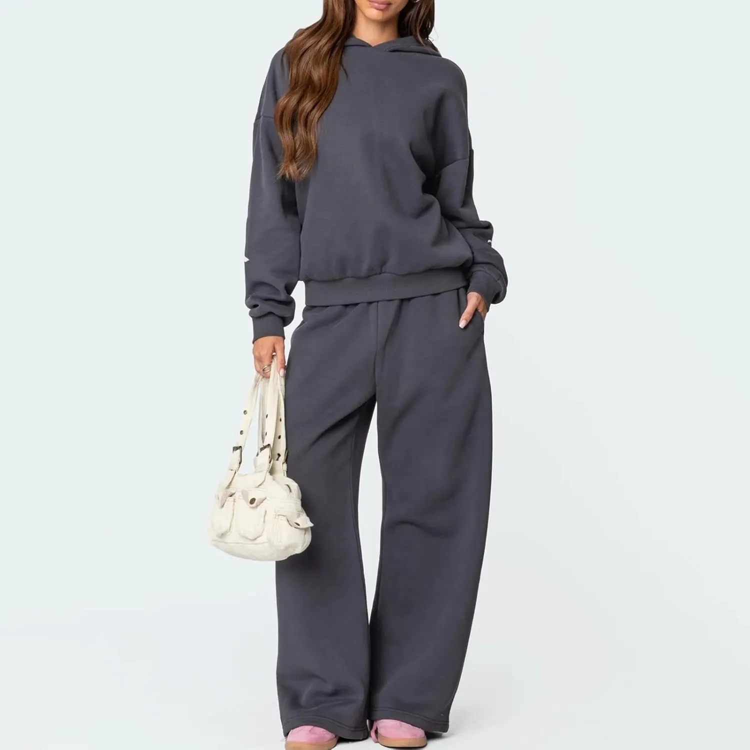 Women Bow Hoodie Sweatsuit 2 Piece Oversized Sweatshirt Sets with Bow Print Baggy Leg Sweatpants Preppy Outfits
