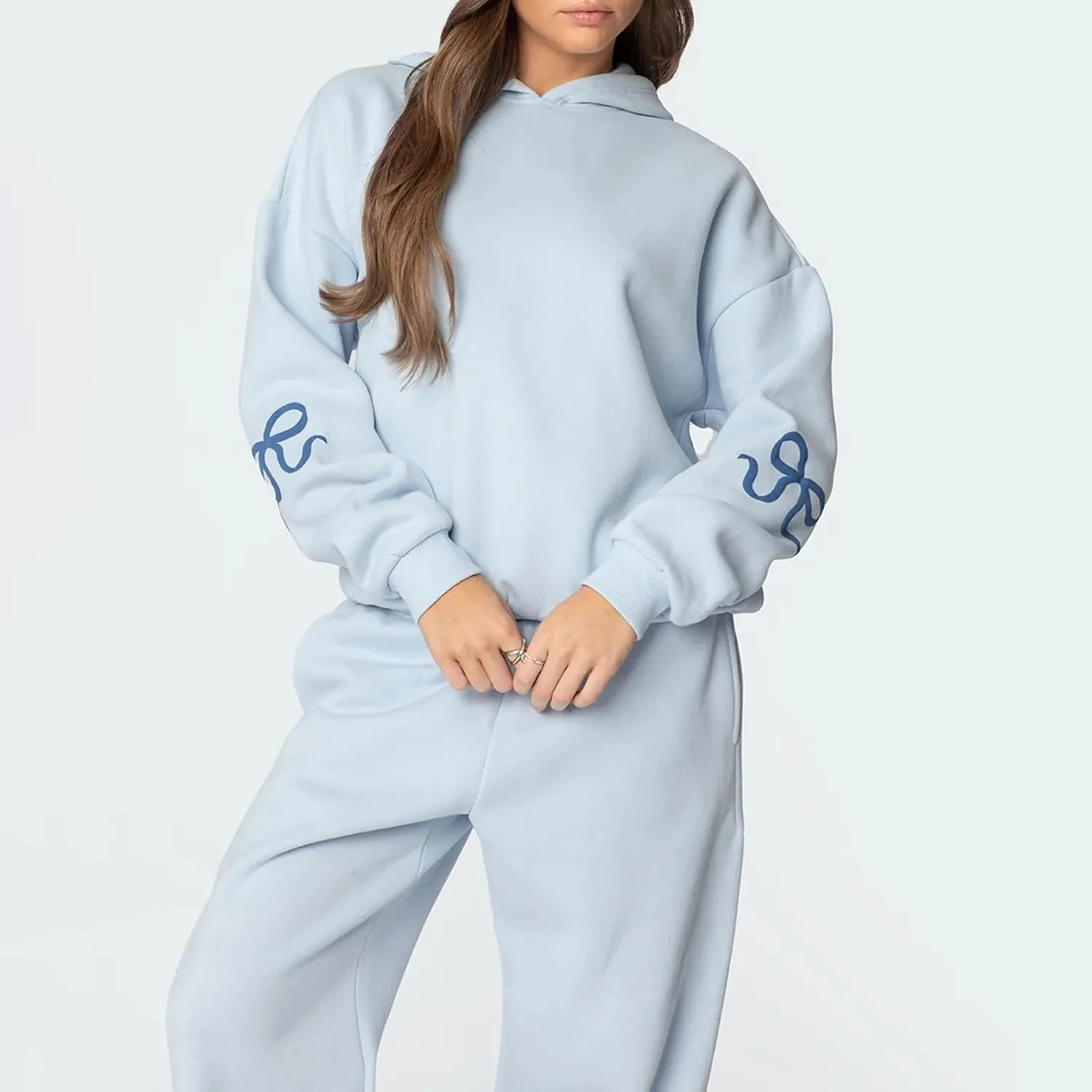 Women Bow Hoodie Sweatsuit 2 Piece Oversized Sweatshirt Sets with Bow Print Baggy Leg Sweatpants Preppy Outfits
