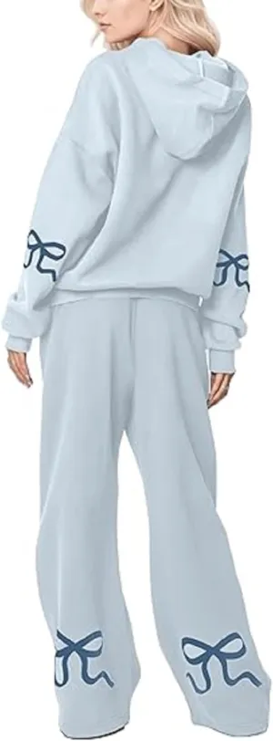 Women Bow Hoodie Sweatsuit 2 Piece Oversized Sweatshirt Sets with Bow Print Baggy Leg Sweatpants Preppy Outfits