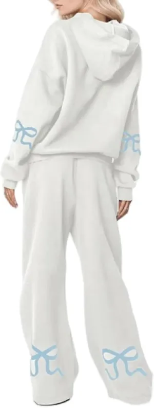 Women Bow Hoodie Sweatsuit 2 Piece Oversized Sweatshirt Sets with Bow Print Baggy Leg Sweatpants Preppy Outfits