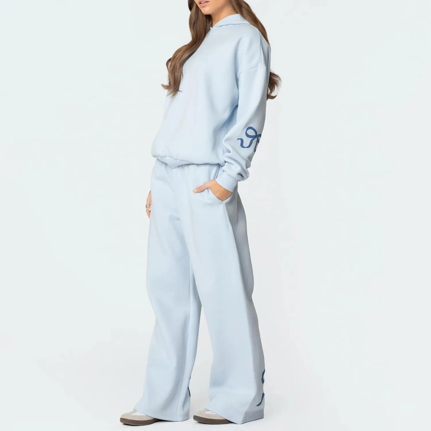 Women Bow Hoodie Sweatsuit 2 Piece Oversized Sweatshirt Sets with Bow Print Baggy Leg Sweatpants Preppy Outfits