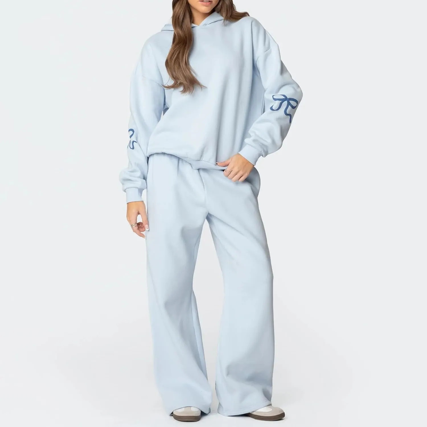 Women Bow Hoodie Sweatsuit 2 Piece Oversized Sweatshirt Sets with Bow Print Baggy Leg Sweatpants Preppy Outfits