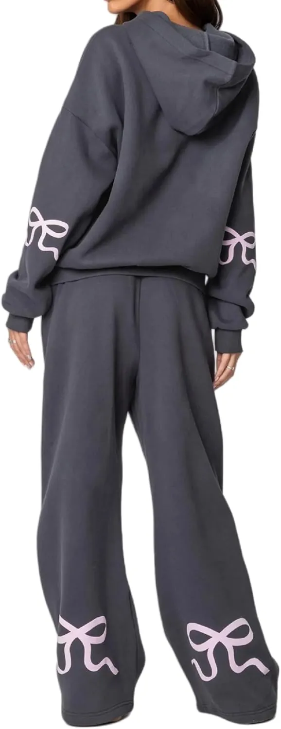 Women Bow Hoodie Sweatsuit 2 Piece Oversized Sweatshirt Sets with Bow Print Baggy Leg Sweatpants Preppy Outfits