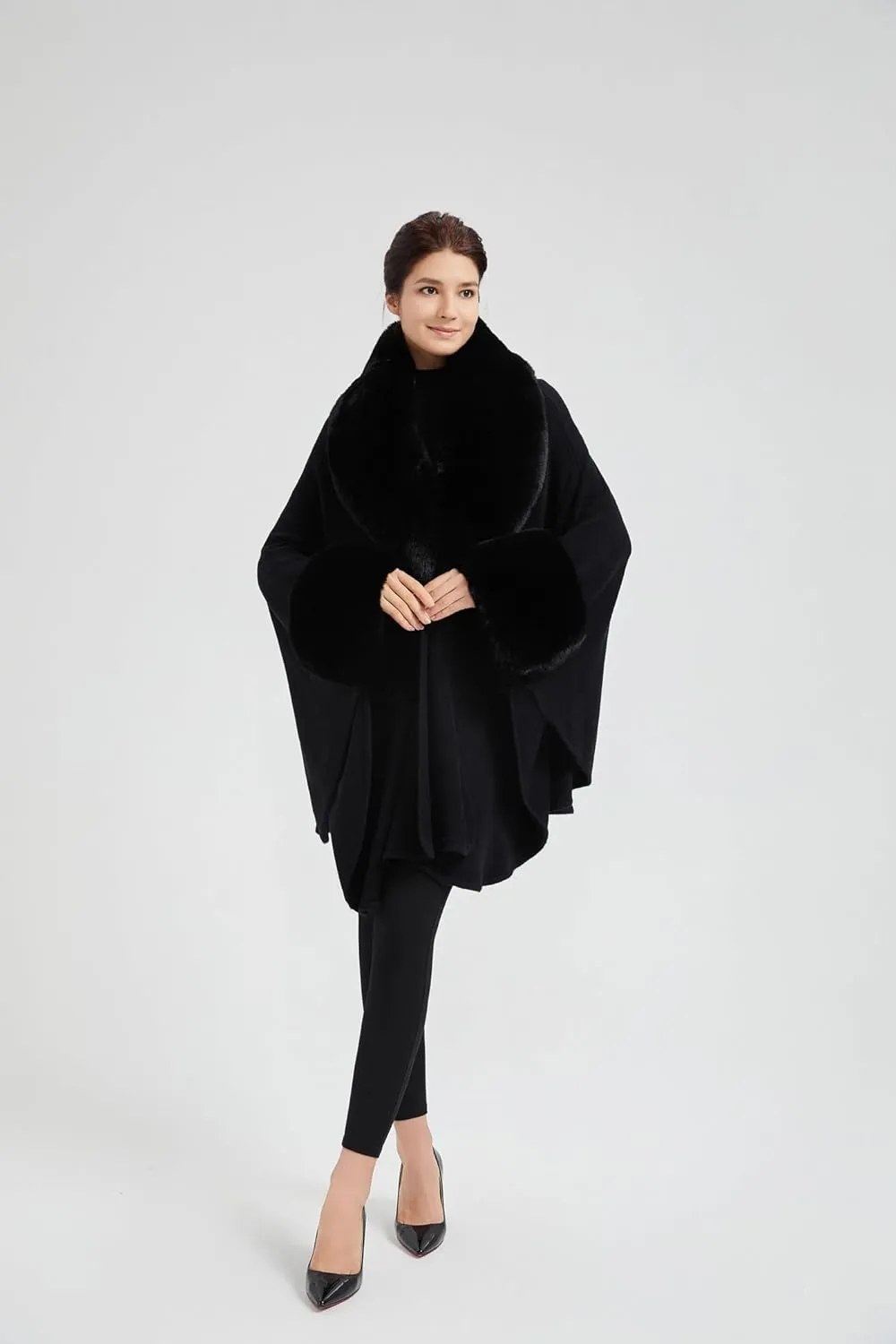Women Cape Poncho with Fur Trim Winter Faux Fur Shawl Wrap Coat Sleeveless Cardigan Cloak