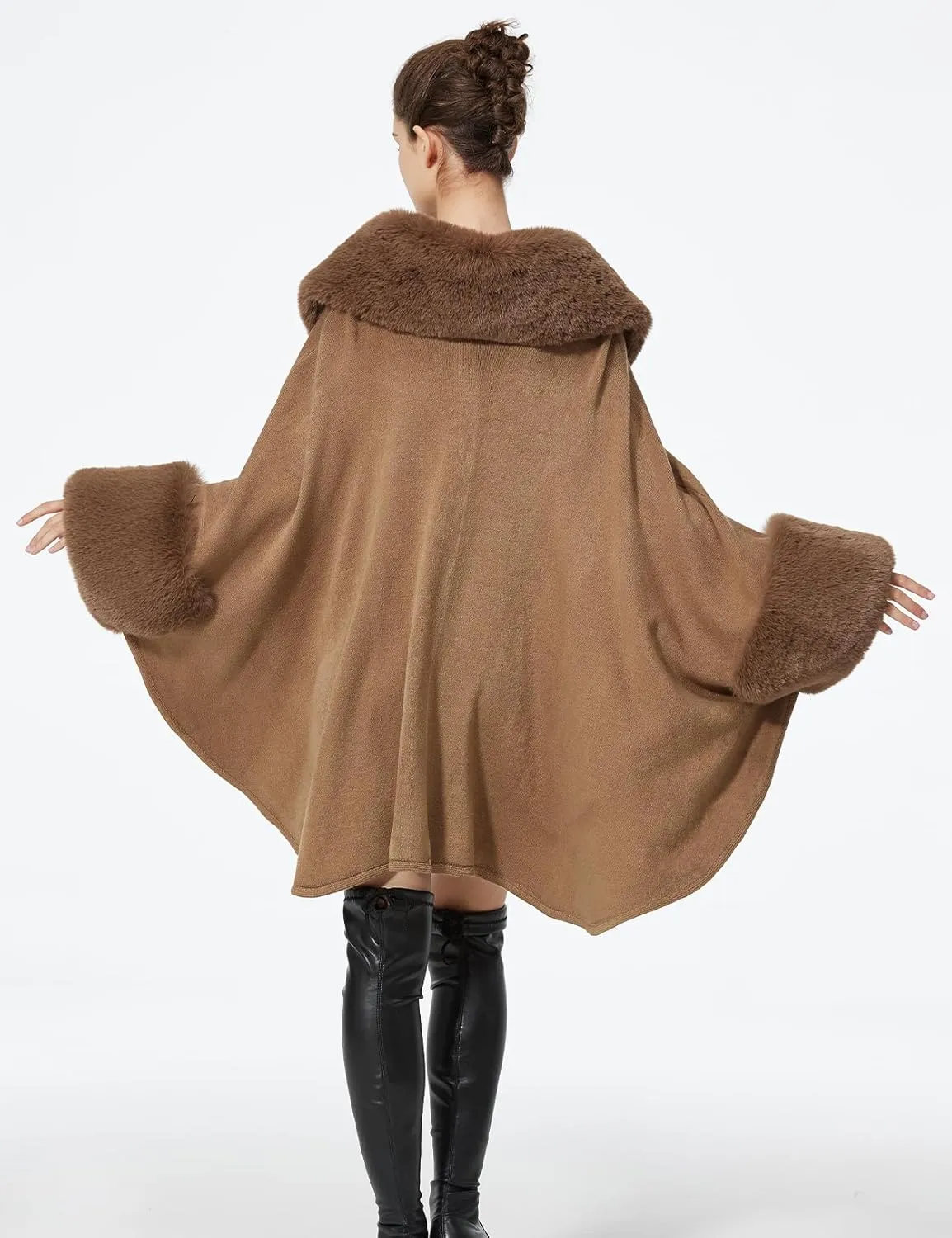 Women Cape Poncho with Fur Trim Winter Faux Fur Shawl Wrap Coat Sleeveless Cardigan Cloak
