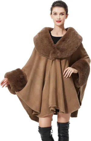 Women Cape Poncho with Fur Trim Winter Faux Fur Shawl Wrap Coat Sleeveless Cardigan Cloak