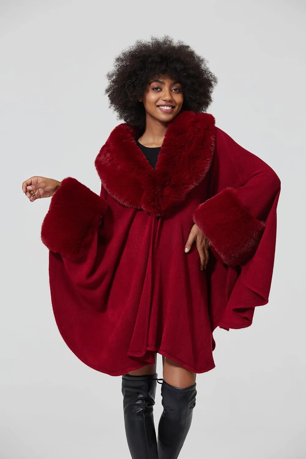 Women Cape Poncho with Fur Trim Winter Faux Fur Shawl Wrap Coat Sleeveless Cardigan Cloak