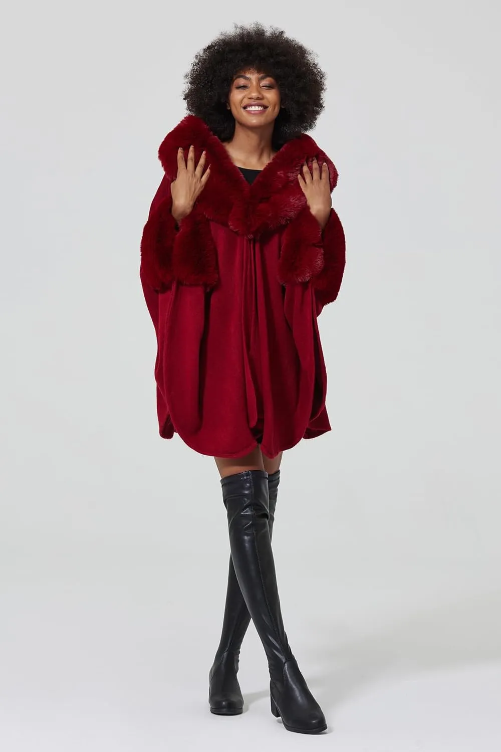 Women Cape Poncho with Fur Trim Winter Faux Fur Shawl Wrap Coat Sleeveless Cardigan Cloak