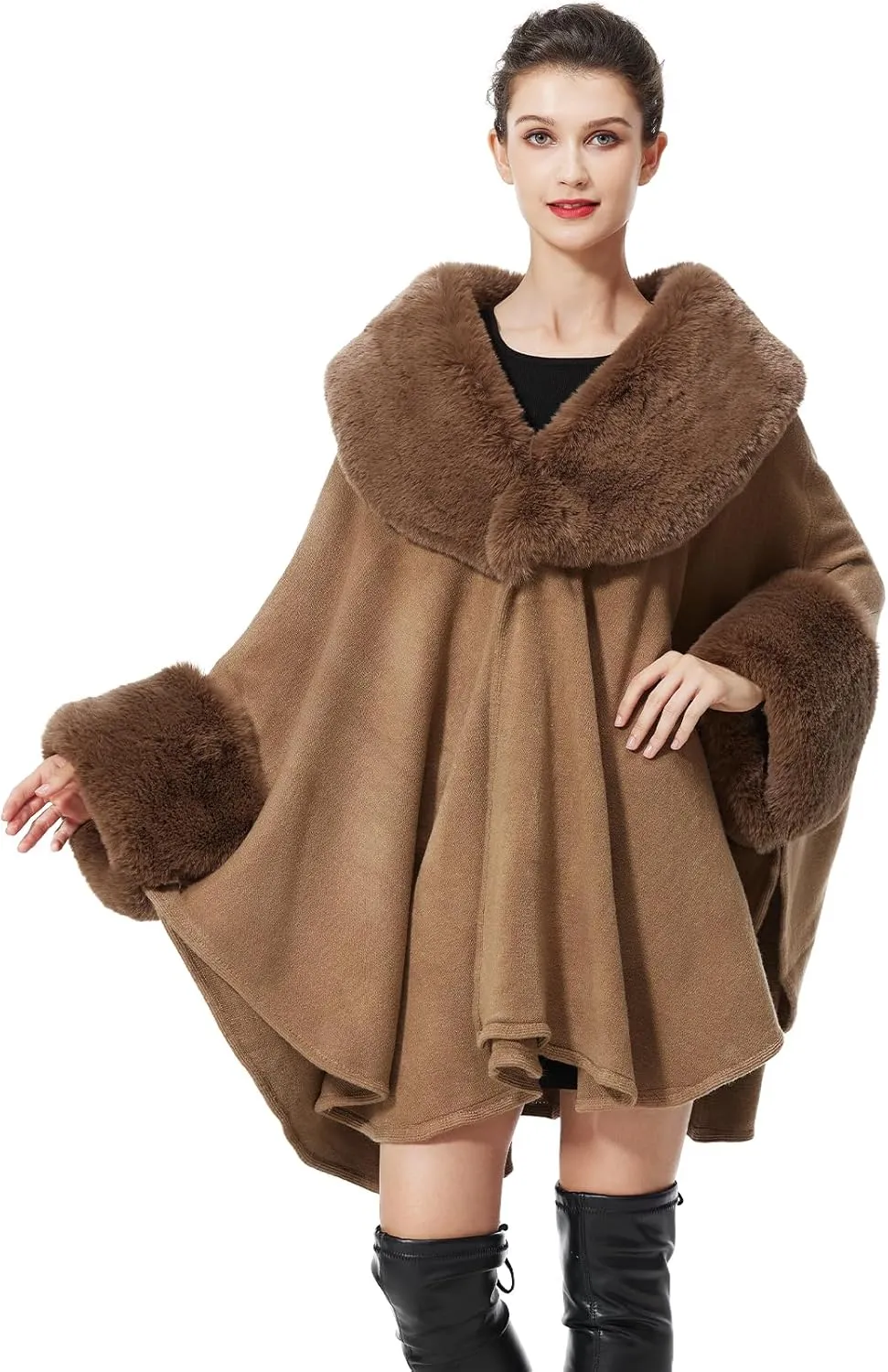 Women Cape Poncho with Fur Trim Winter Faux Fur Shawl Wrap Coat Sleeveless Cardigan Cloak