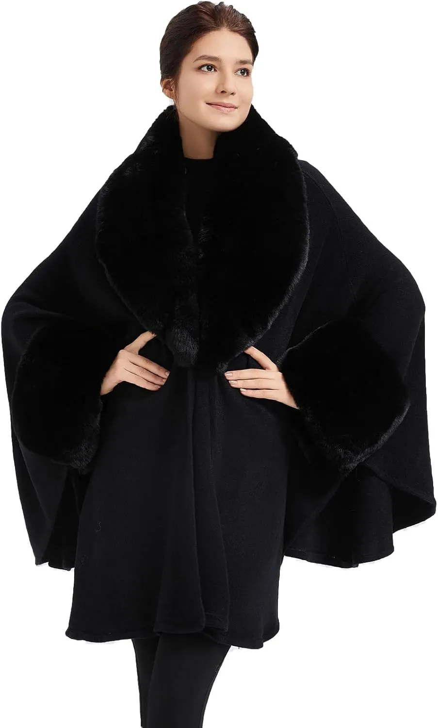 Women Cape Poncho with Fur Trim Winter Faux Fur Shawl Wrap Coat Sleeveless Cardigan Cloak