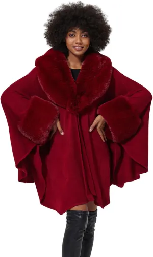 Women Cape Poncho with Fur Trim Winter Faux Fur Shawl Wrap Coat Sleeveless Cardigan Cloak