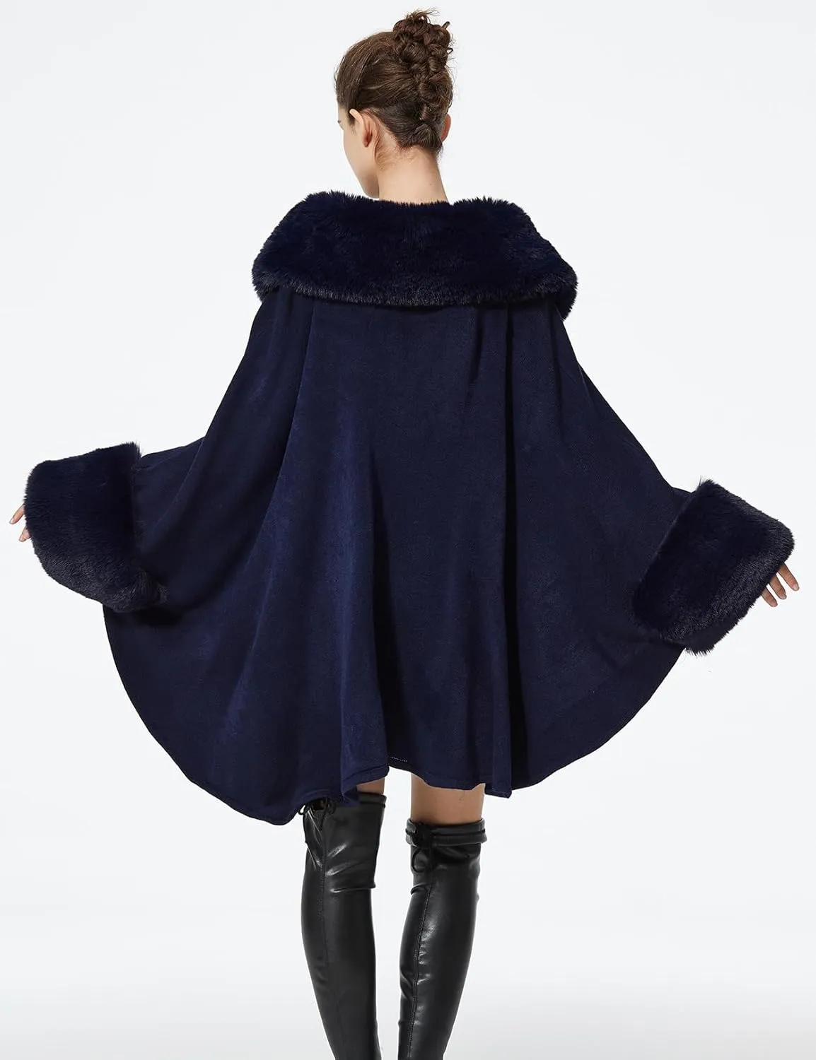 Women Cape Poncho with Fur Trim Winter Faux Fur Shawl Wrap Coat Sleeveless Cardigan Cloak
