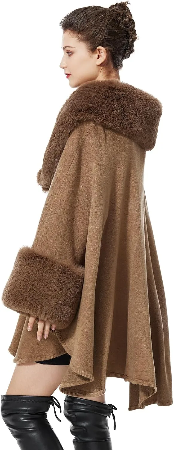 Women Cape Poncho with Fur Trim Winter Faux Fur Shawl Wrap Coat Sleeveless Cardigan Cloak
