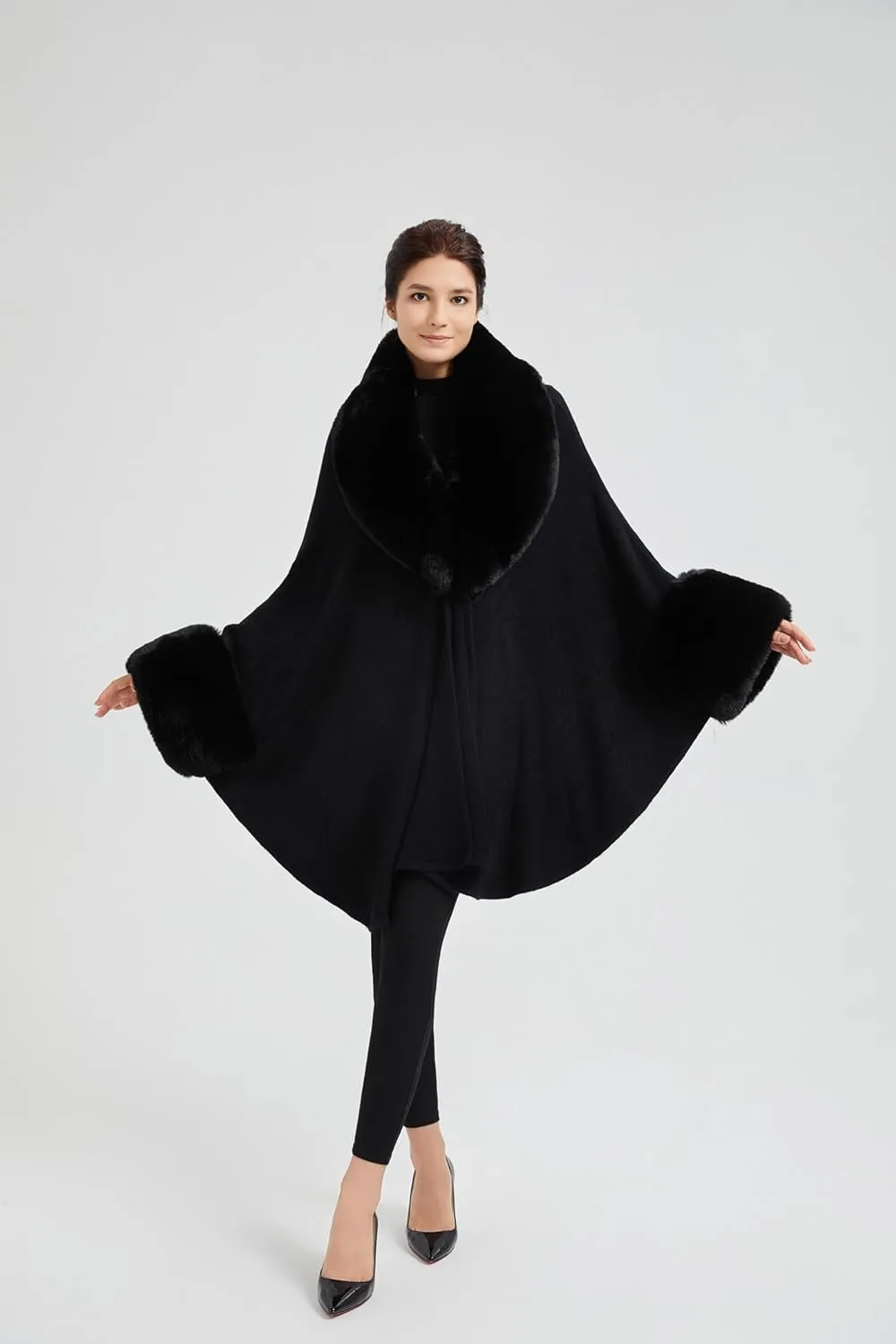 Women Cape Poncho with Fur Trim Winter Faux Fur Shawl Wrap Coat Sleeveless Cardigan Cloak