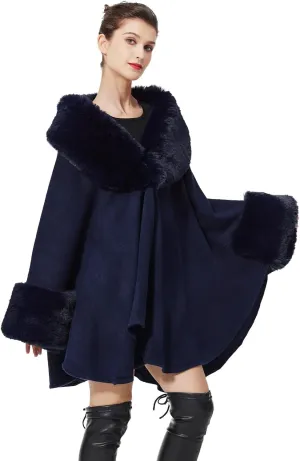 Women Cape Poncho with Fur Trim Winter Faux Fur Shawl Wrap Coat Sleeveless Cardigan Cloak